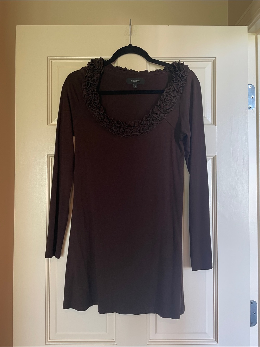 Karen Kane Chocolate Brown Long Sleeve Ruffle Collar Dress